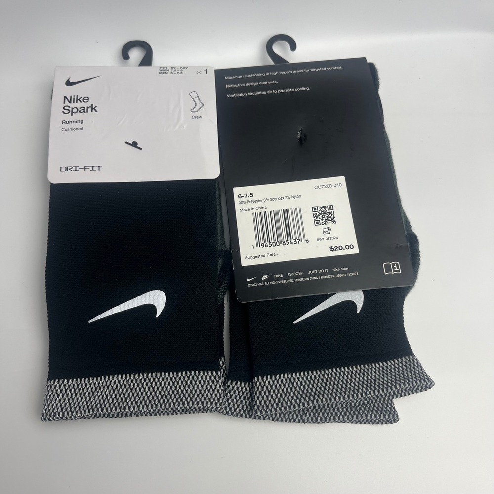 2 pair Nike Spark Crew Running Socks Black White Dri-Fit Cushioned Men's 6-7.5